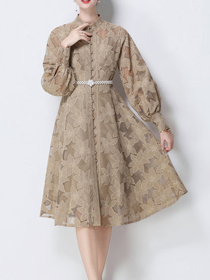 Hollow-Out Embroidered Lantern Sleeve Dress