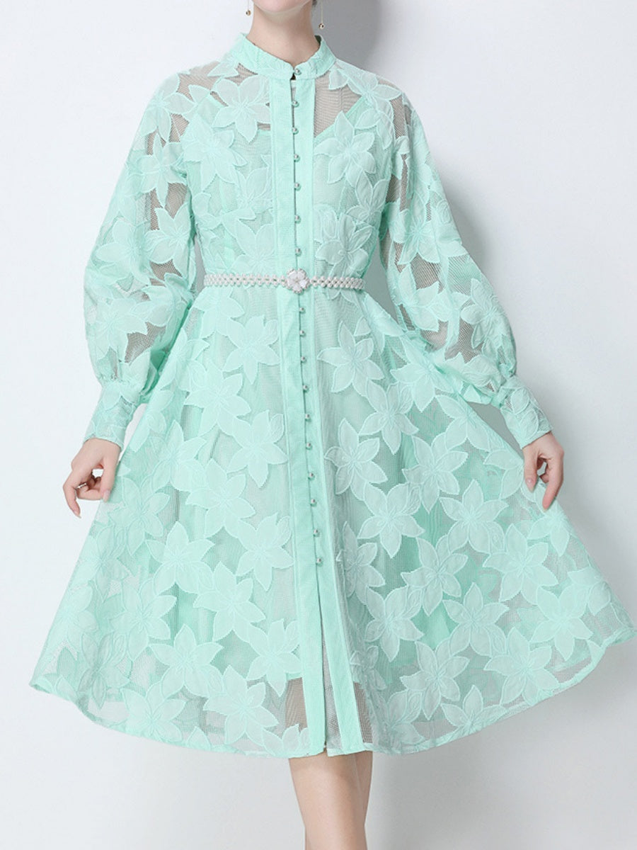 Hollow-Out Embroidered Lantern Sleeve Dress