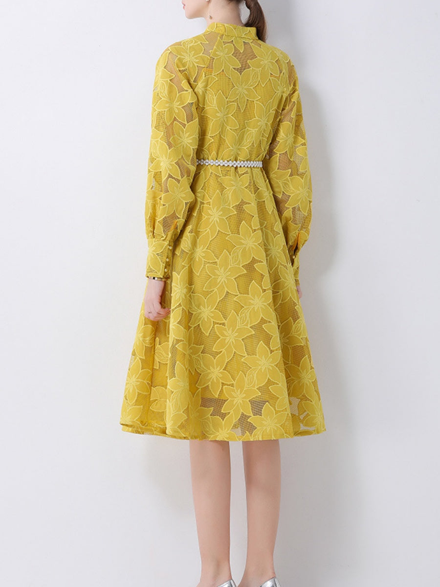 Hollow-Out Embroidered Lantern Sleeve Dress