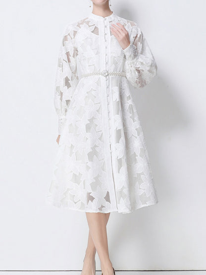 Hollow-Out Embroidered Lantern Sleeve Dress