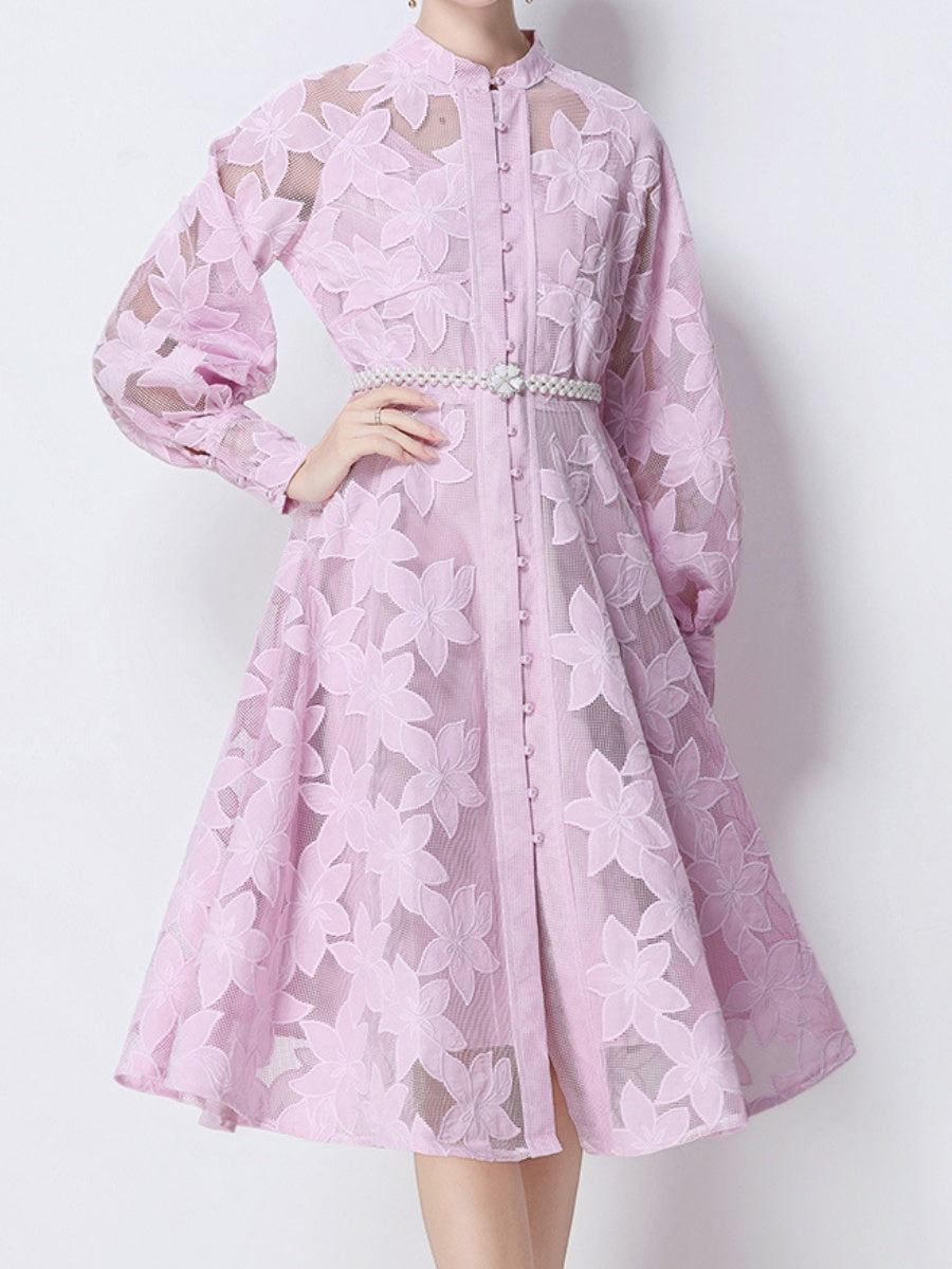 Hollow-Out Embroidered Lantern Sleeve Dress