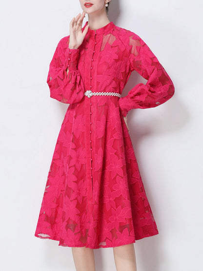 Hollow-Out Embroidered Lantern Sleeve Dress