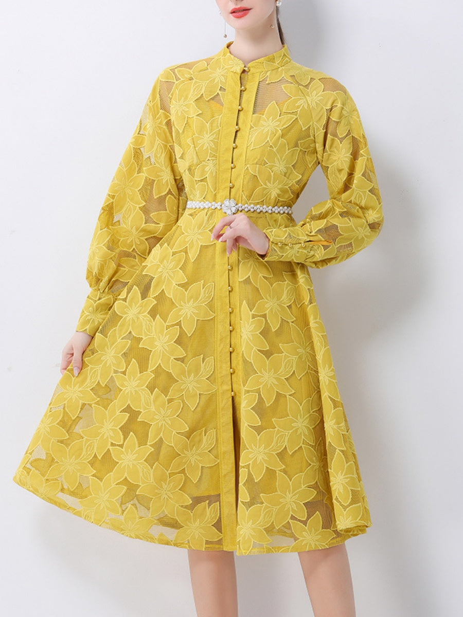 Hollow-Out Embroidered Lantern Sleeve Dress