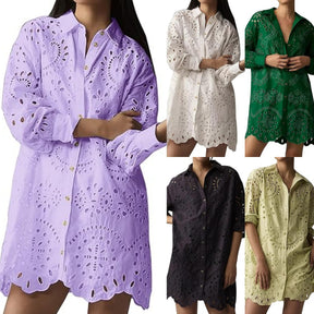 Loose Embroidered Cutout Shirt Dress
