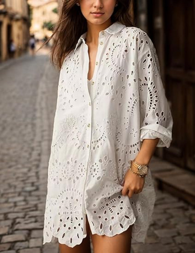 Loose Embroidered Cutout Shirt Dress