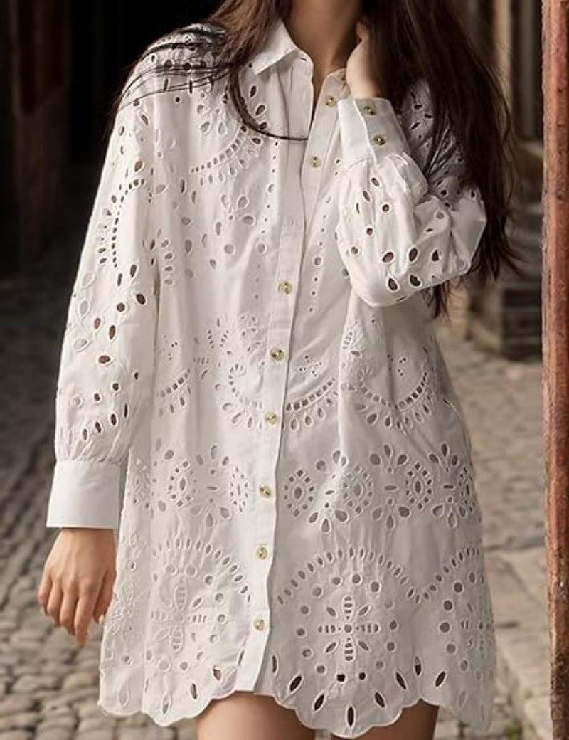 Loose Embroidered Cutout Shirt Dress