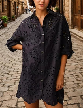 Loose Embroidered Cutout Shirt Dress