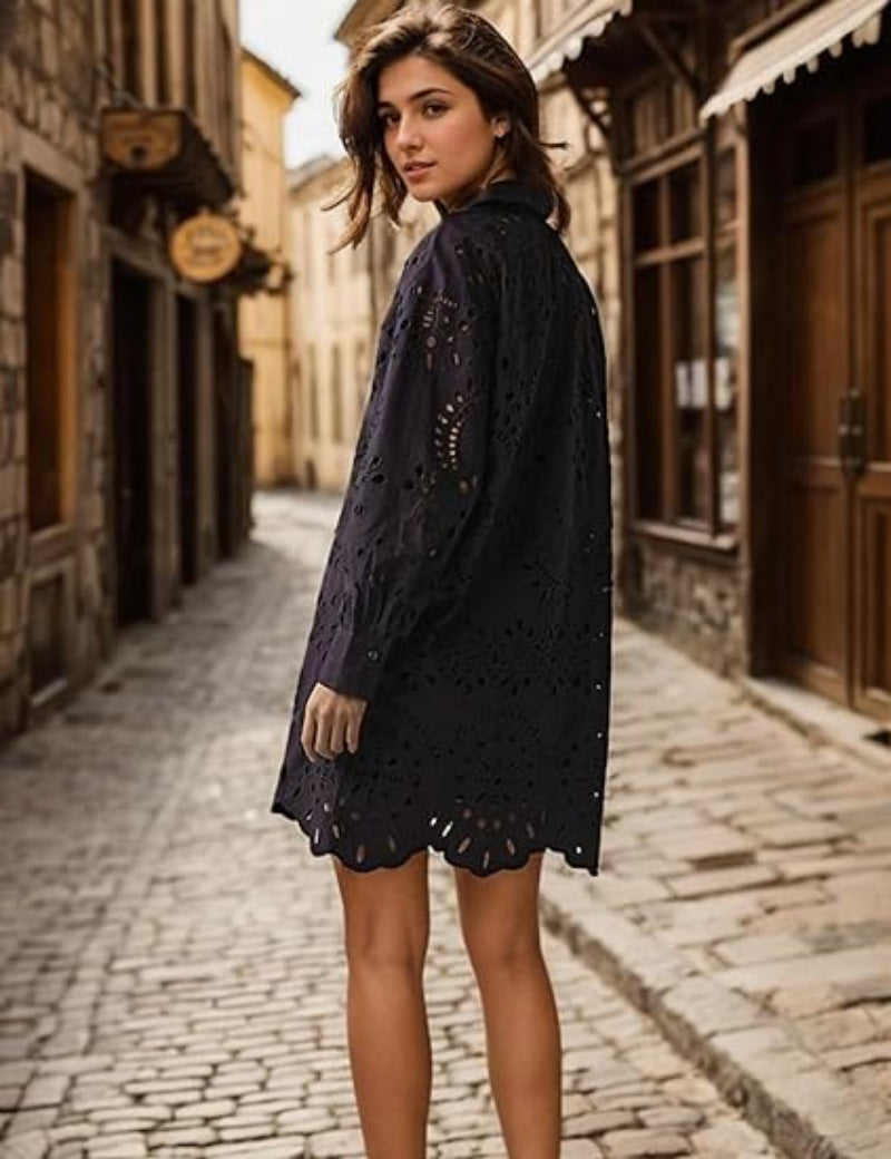 Loose Embroidered Cutout Shirt Dress