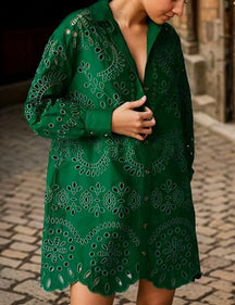 Loose Embroidered Cutout Shirt Dress