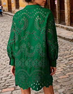 Loose Embroidered Cutout Shirt Dress