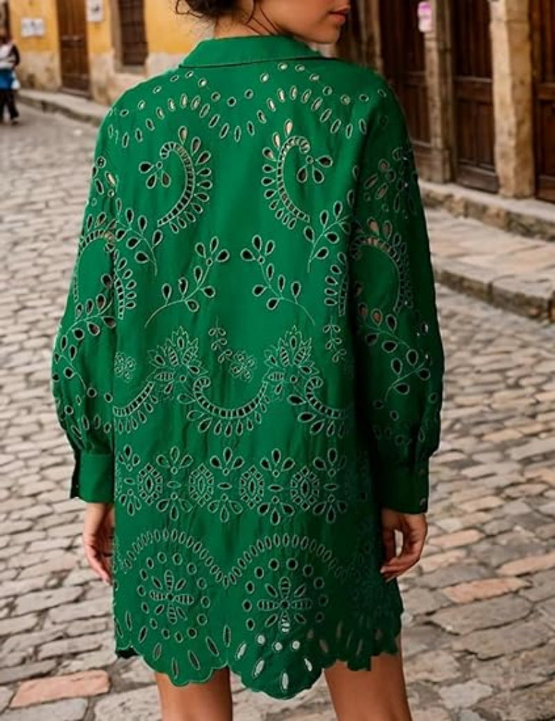 Loose Embroidered Cutout Shirt Dress