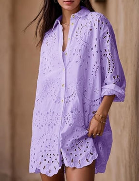 Loose Embroidered Cutout Shirt Dress