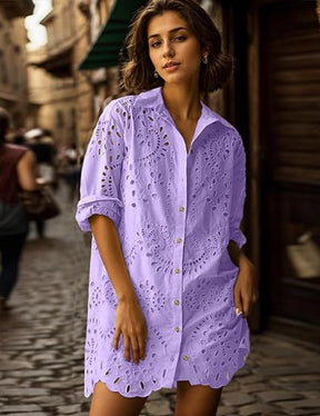 Loose Embroidered Cutout Shirt Dress