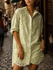 Loose Embroidered Cutout Shirt Dress