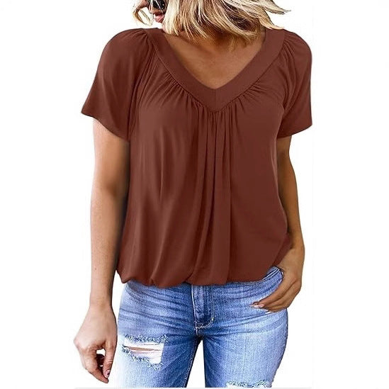 V-neck Raglan Sleeve Gathered Casual T-shirt