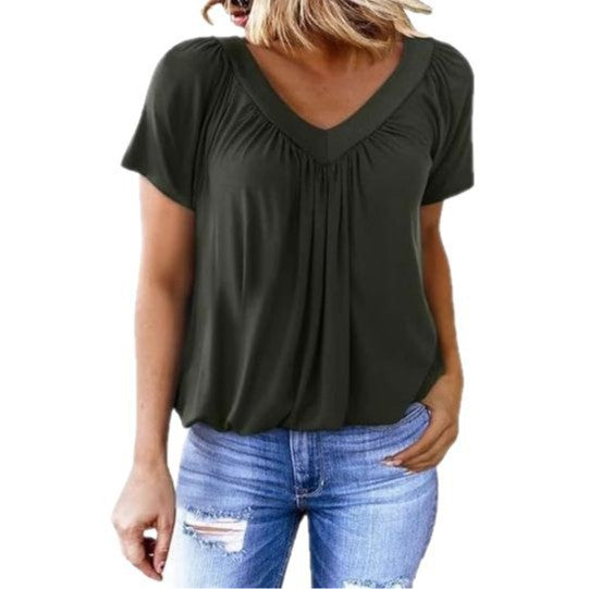 V-neck Raglan Sleeve Gathered Casual T-shirt