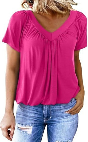 V-neck Raglan Sleeve Gathered Casual T-shirt