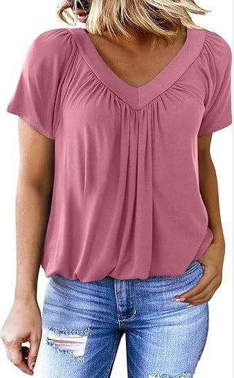 V-neck Raglan Sleeve Gathered Casual T-shirt
