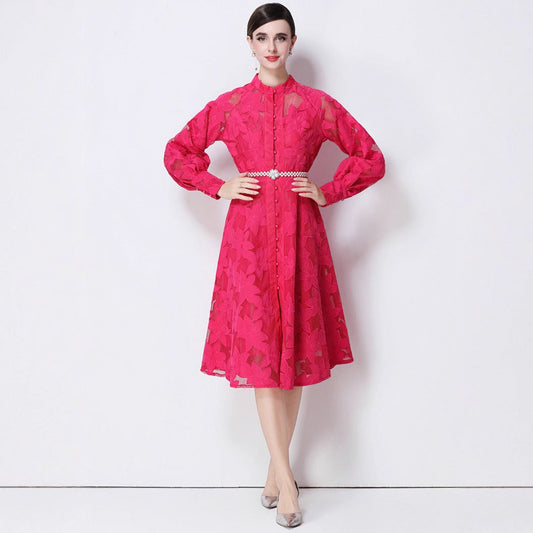 Hollow-Out Embroidered Lantern Sleeve Dress