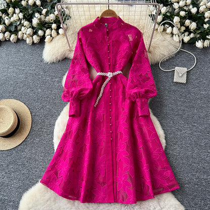 Hollow-Out Embroidered Lantern Sleeve Dress