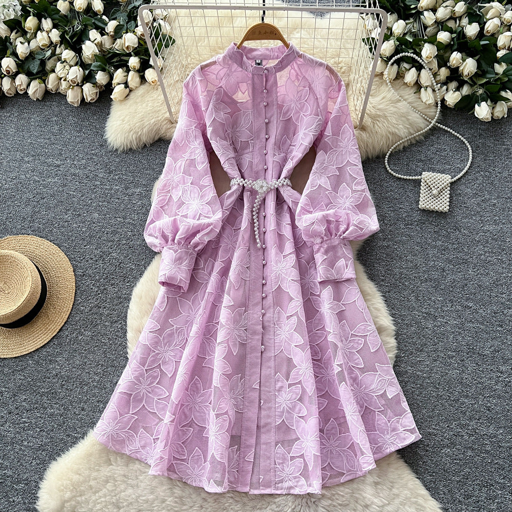 Hollow-Out Embroidered Lantern Sleeve Dress