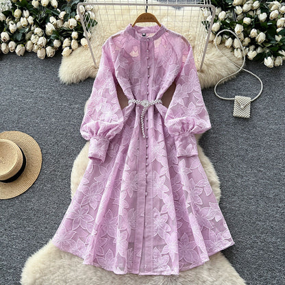 Hollow-Out Embroidered Lantern Sleeve Dress