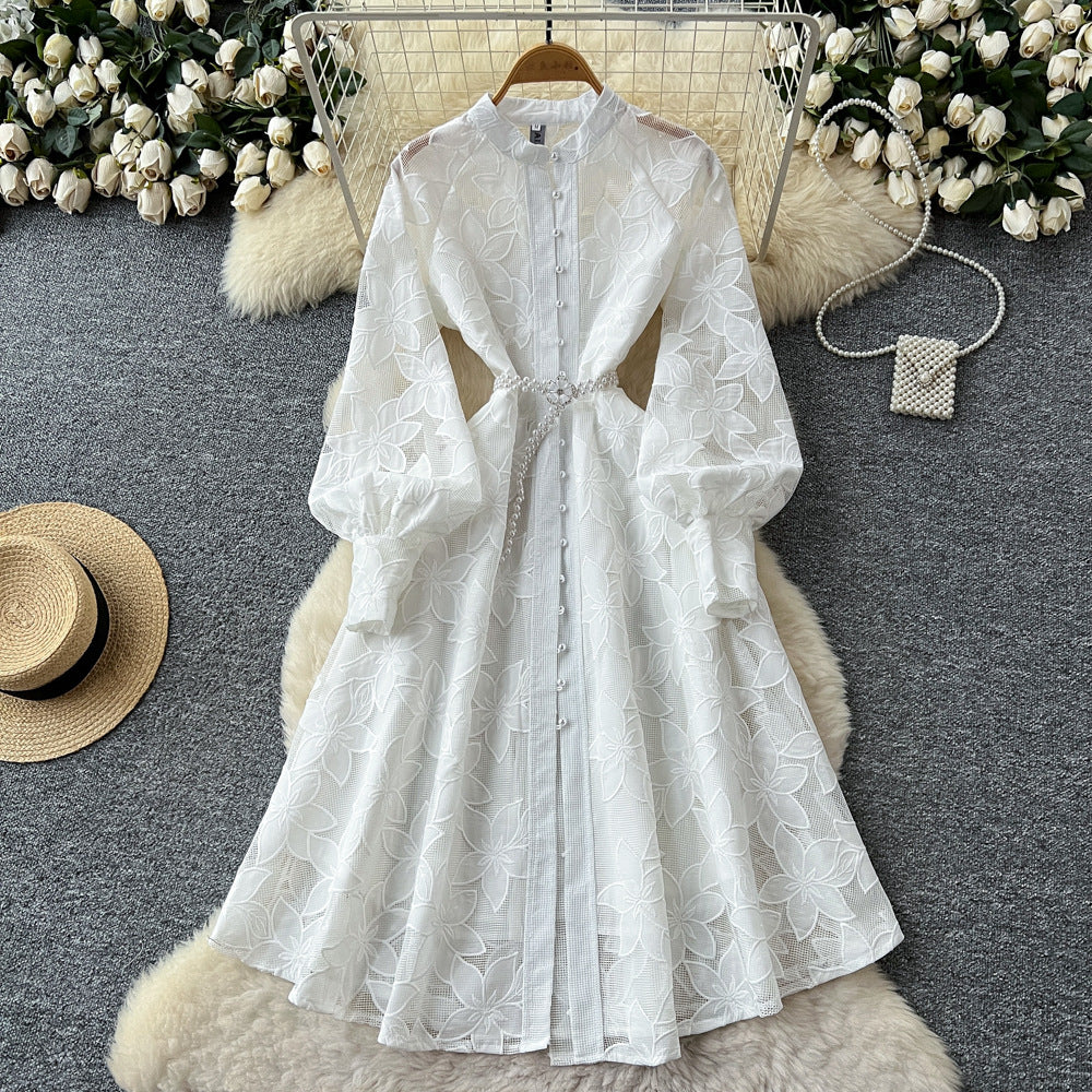 Hollow-Out Embroidered Lantern Sleeve Dress