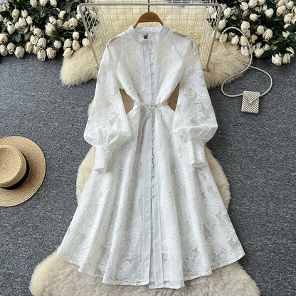 Hollow-Out Embroidered Lantern Sleeve Dress