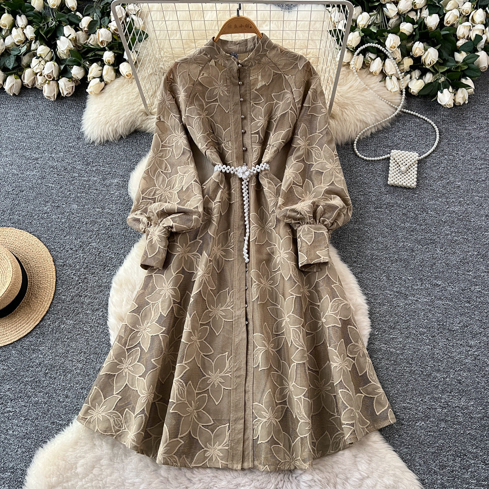Hollow-Out Embroidered Lantern Sleeve Dress