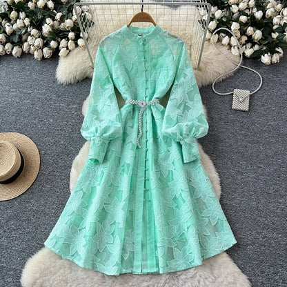 Hollow-Out Embroidered Lantern Sleeve Dress