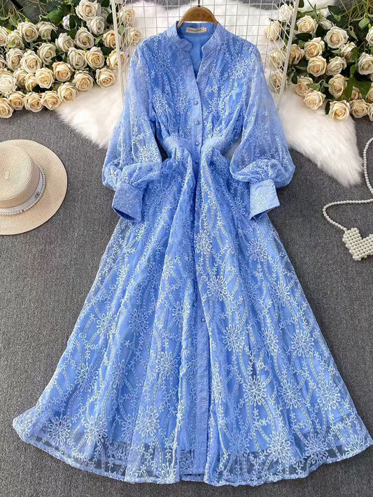 Stand-up collar embroidered mesh long dress