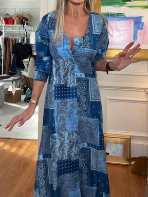 Printed Button-up V Neck Slit Hem Dress