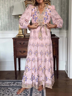 Floral Printed Long Sleeve V-Neck Self Tie Maxi Dress