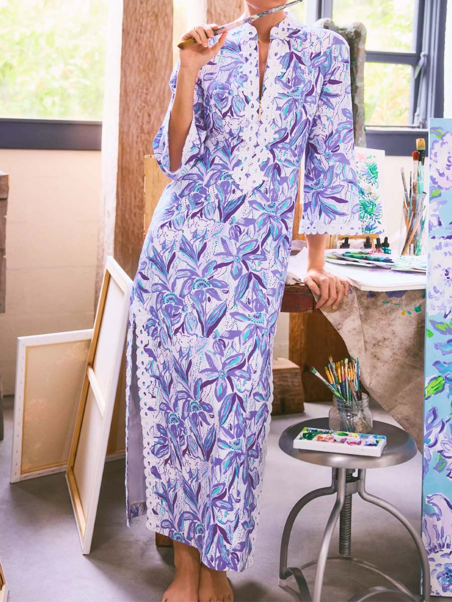 Printed Slit Hem Lace Maxi Dress