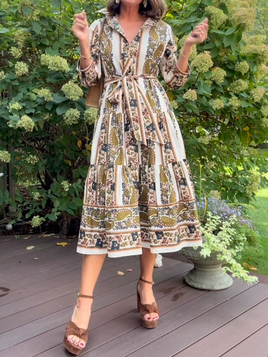 Placed Print Long Sleeve Belted Dress