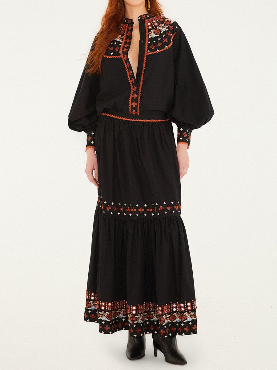 Embroidered Buttoned Shirt & Tiered Maxi Skirt