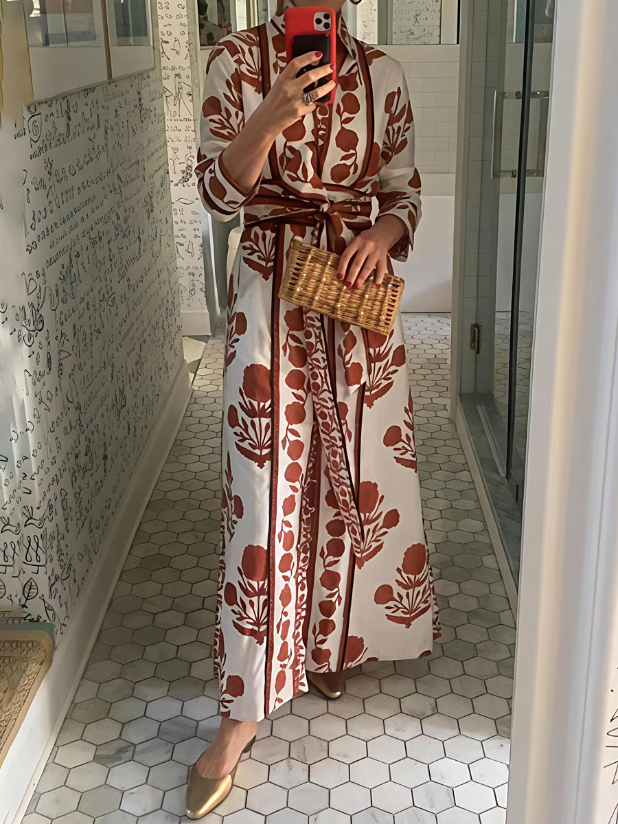 Placement Print Belted Long Sleeve Maxi Dress