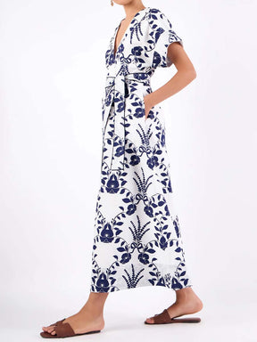 Printed V-neck Belted Maxi Dress