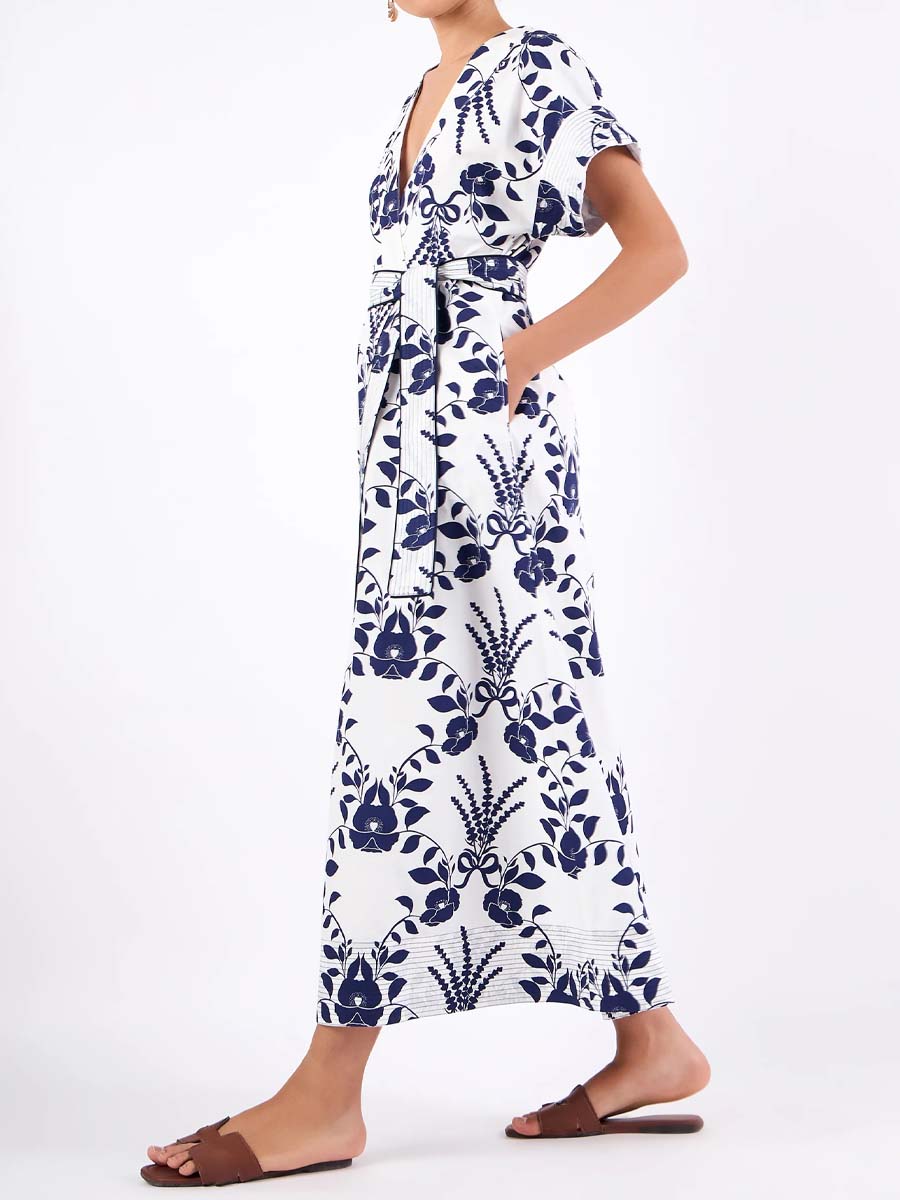 Printed V-neck Belted Maxi Dress