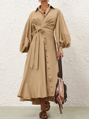Asymmetrical Hem Blouson Sleeves Wrap Dress