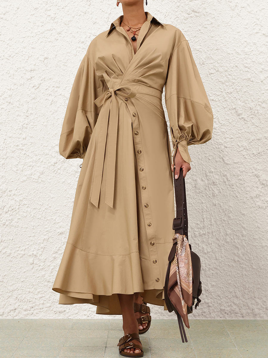 Asymmetrical Hem Blouson Sleeves Wrap Dress