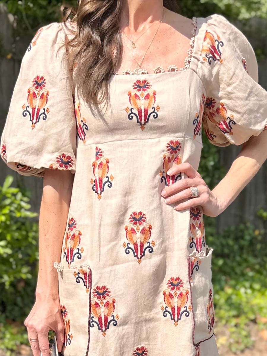 Embroidered Puff Sleeve Square Collar Dress