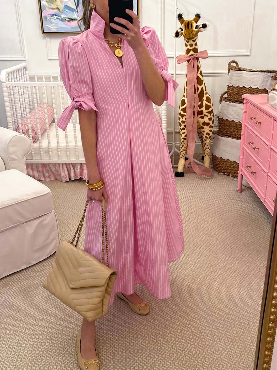 Pink Bow Sleeve Pinstripe Maxi Dress