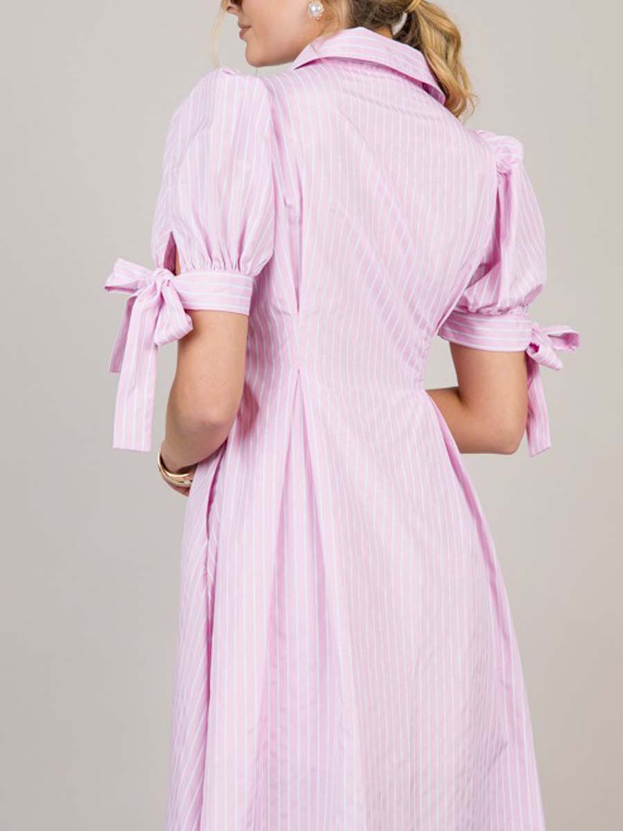 Pink Bow Sleeve Pinstripe Maxi Dress