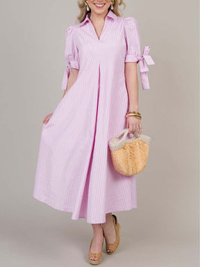 Pink Bow Sleeve Pinstripe Maxi Dress