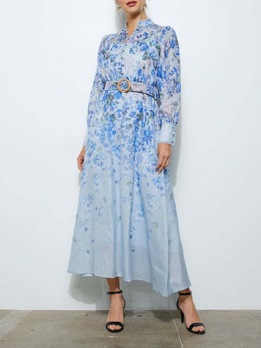 Long Sleeve Floral Belted Maxi Dress