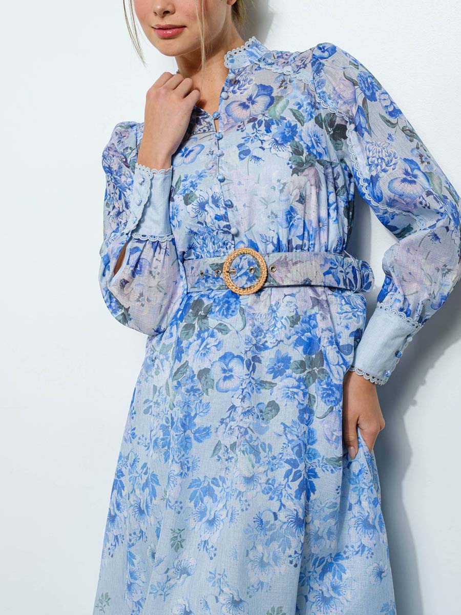 Long Sleeve Floral Belted Maxi Dress