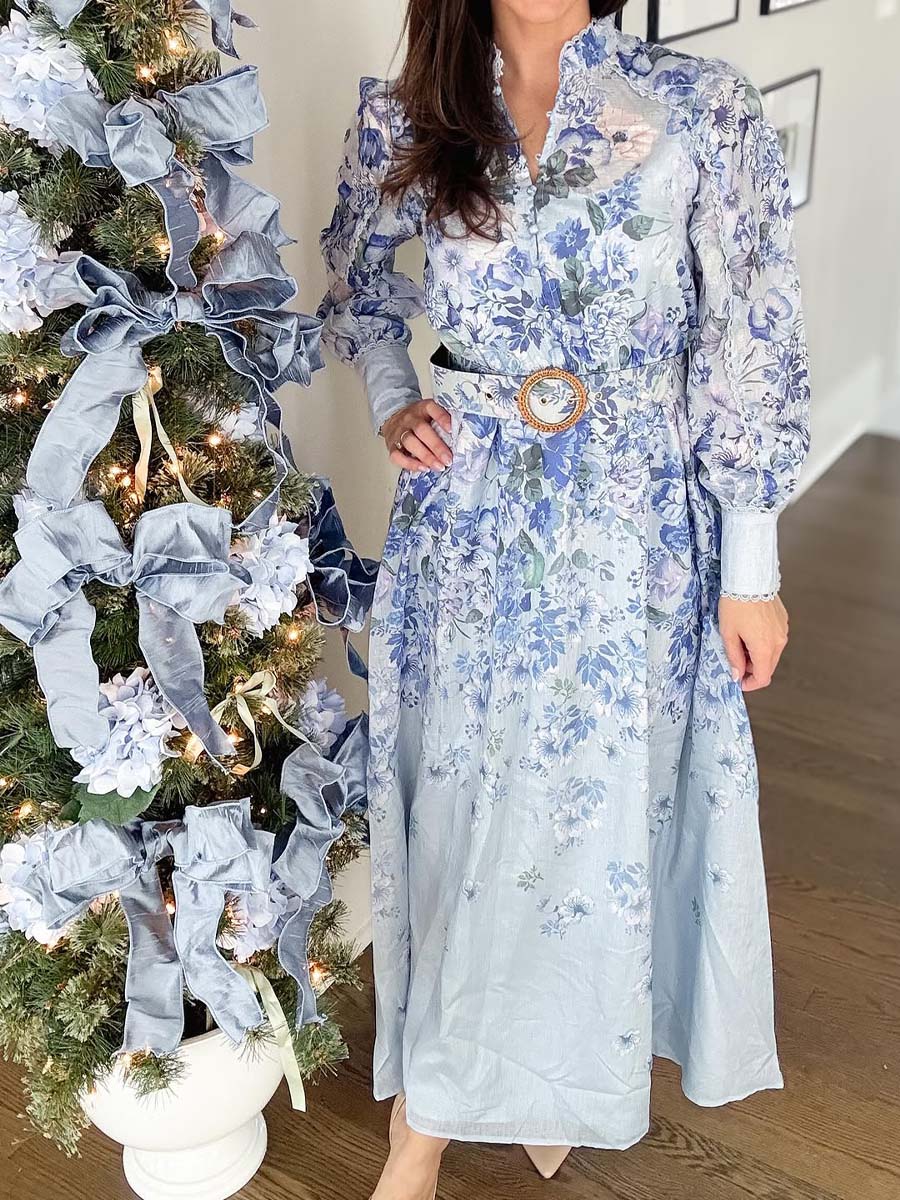 Long Sleeve Floral Belted Maxi Dress