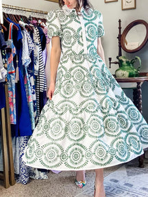 CROCHET COLLAR GREEN EMBROIDERED EYELET COTTON DRESS