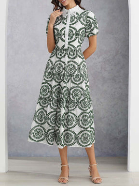 CROCHET COLLAR GREEN EMBROIDERED EYELET COTTON DRESS